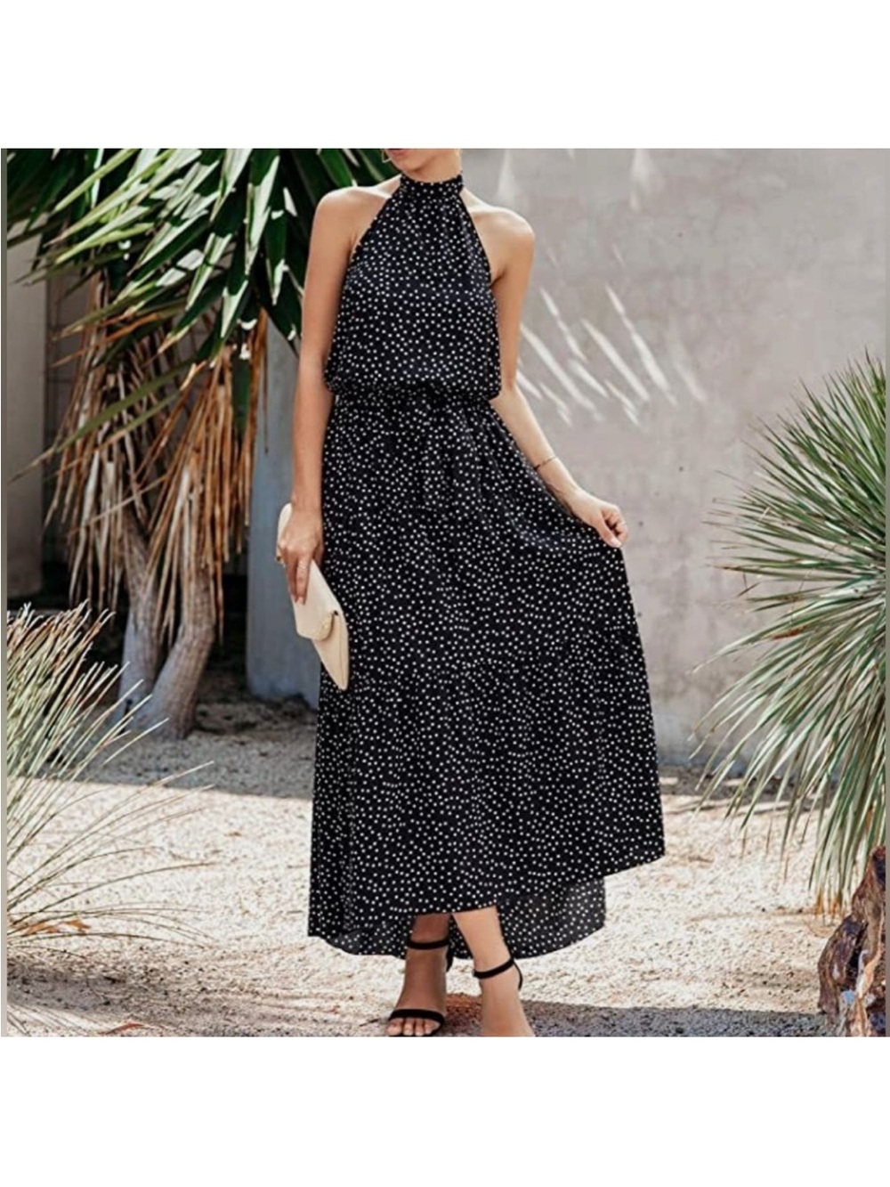 Pretty Garden Halter Maxi Dress Black Polka Dot Tiered Skirt Lightweight medium